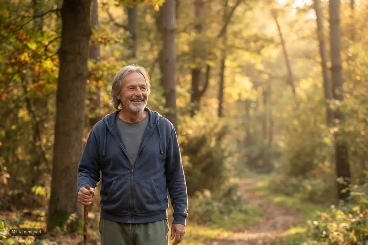 Älterer Mann geht laechelnd mit Wanderstock durch einen herbstlichen Wald
