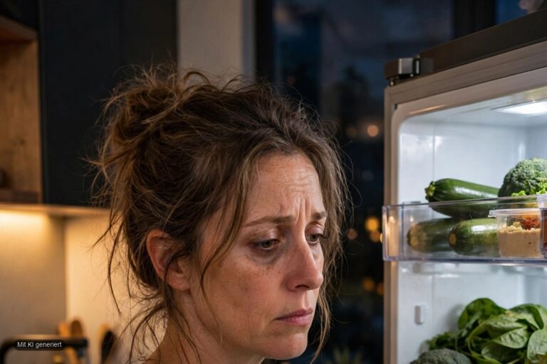 Frau schaut nachdenklich in den offenen Kuehlschrank am Abend, Sinnbild fuer emotionales Essen